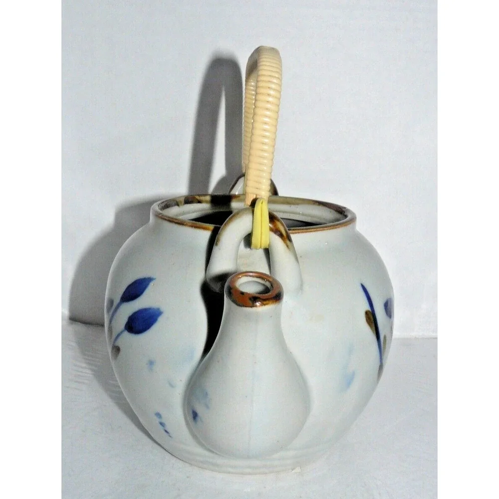 Vintage Japanese Porcelain Lotus Tea Set Teapot Lid 4 Cups Blue White Floral